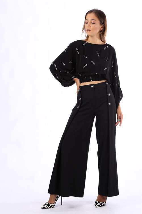 Modatalika Bayan Günlük Çengeli İğne Desenli Siyah Bluz