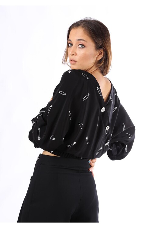 Modatalika Bayan Günlük Çengeli İğne Desenli Siyah Bluz