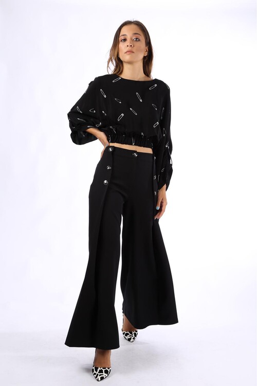 Modatalika Bayan Günlük Çengeli İğne Desenli Siyah Bluz