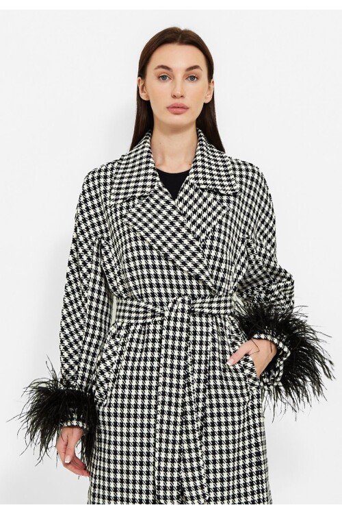 Modatalika Kadın Pötikareli Tüy Detaylı Kaban