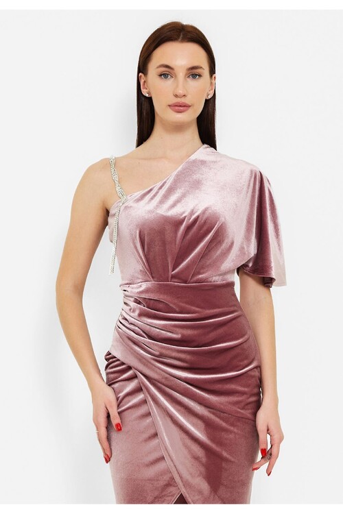 Modatalika Kadın Sağ Omuz Taş Detaylı Gece Elbisesi