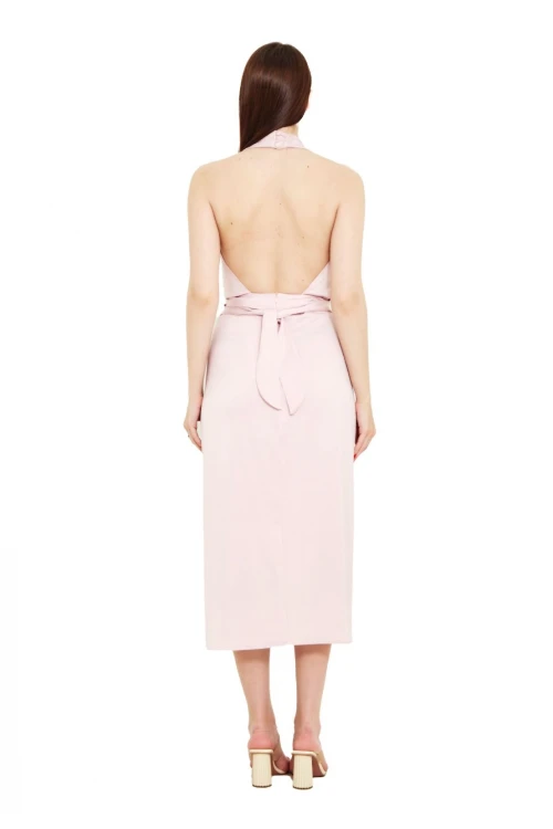 Modatalika Boyundan Bağlamalı Önü Yırtmaçlı Midi Boy Elbise