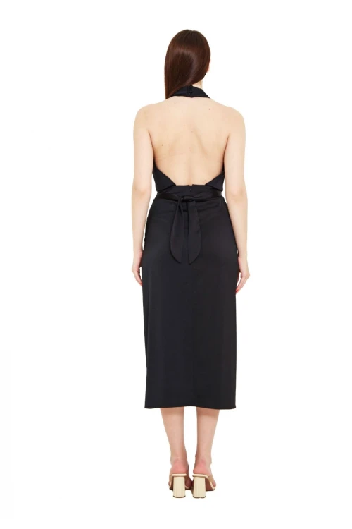 Modatalika Boyundan Bağlamalı Önü Yırtmaçlı Midi Boy Elbise