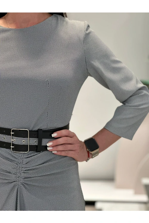 Modatalika Kadın Asimetrik Kesim Önü Büzgülü Pöti Kare Kemerli Elbise