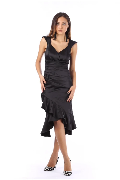 Modatalika Kadın Asimetrik Tasarım Volanlı Midi Boy Abiye Elbise