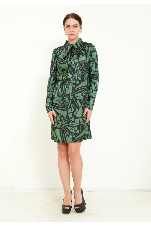 Modatalika Kadın Dijital Desen Baskı Detaylı Kemerli Şal Yaka Şık Mini Elbise