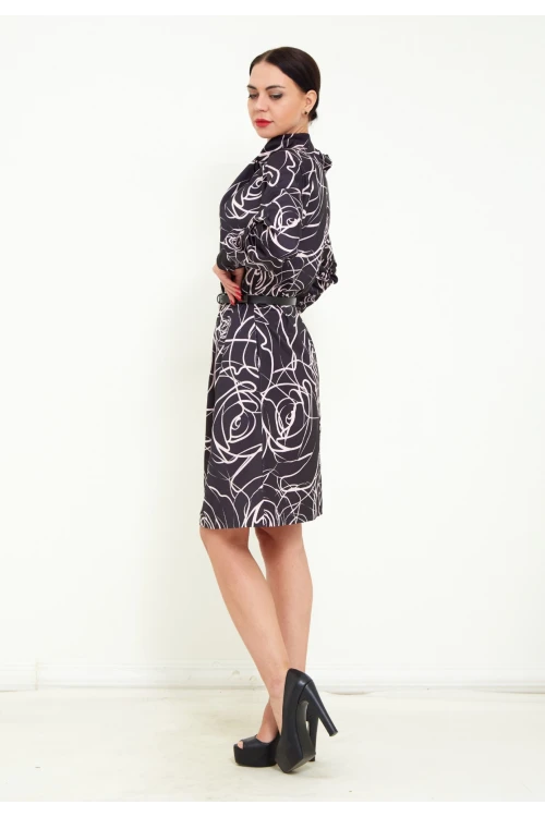 Modatalika Kadın Dijital Desen Baskı Detaylı Kemerli Şal Yaka Şık Uzun Kolu Mini Elbise