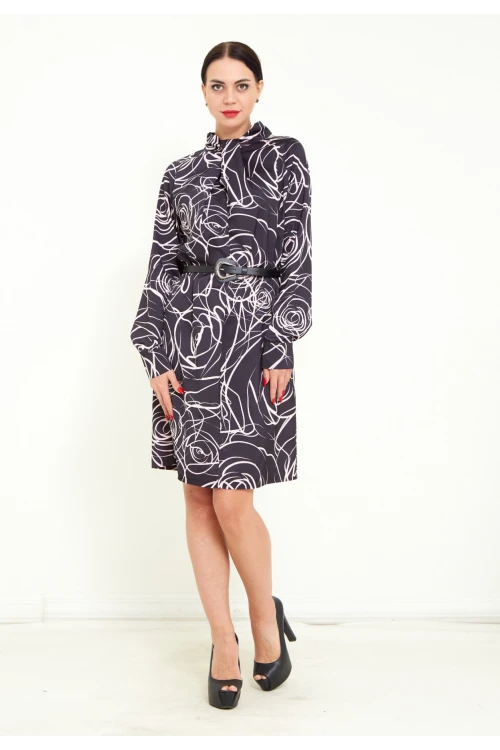 Modatalika Kadın Dijital Desen Baskı Detaylı Kemerli Şal Yaka Şık Uzun Kolu Mini Elbise