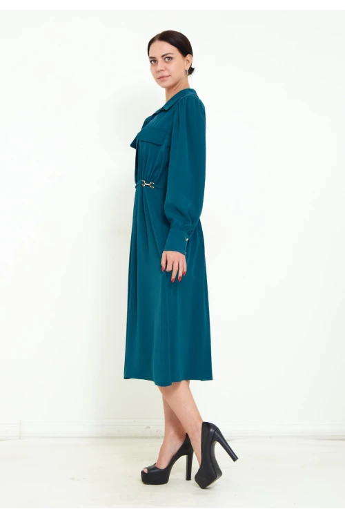 Modatalika Kadın Pile Detaylı Kemerli Gömlek Yaka Şık Uzun Kolu Midi Elbise