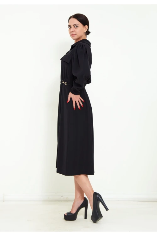 Modatalika Kadın Pile Detaylı Kemerli Gömlek Yaka Şık Uzun Kolu Midi Elbise