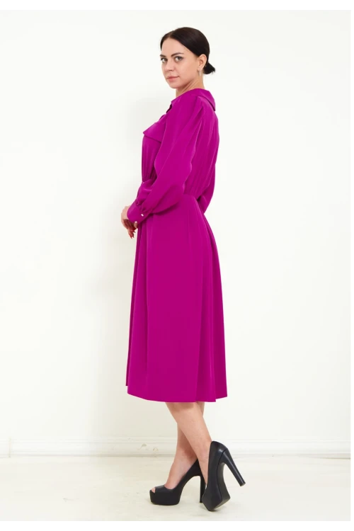 Modatalika Kadın Pile Detaylı Kemerli Gömlek Yaka Şık Uzun Kolu Midi Elbise