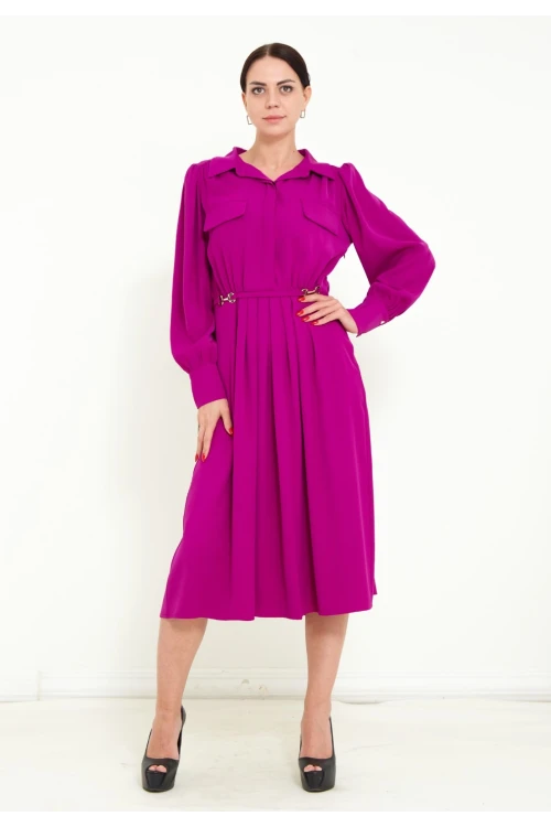 Modatalika Kadın Pile Detaylı Kemerli Gömlek Yaka Şık Uzun Kolu Midi Elbise