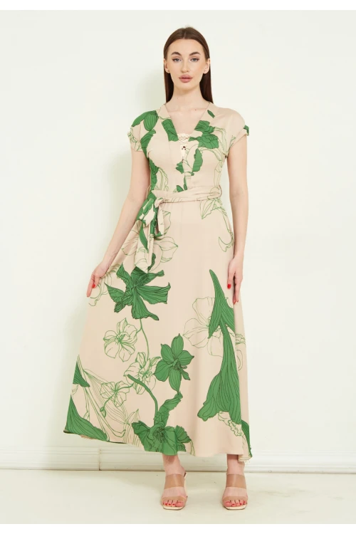 Modatalika Kadın Kemerli Çiçek Desenli Uzun Elbise İle Şıklığınıza Şıklık Katın..