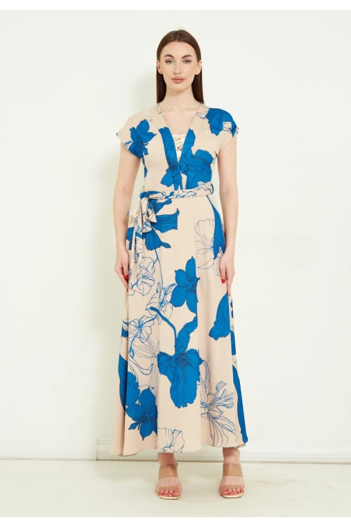 Modatalika Kadın Kemerli Çiçek Desenli Uzun Elbise İle Şıklığınıza Şıklık Katın..