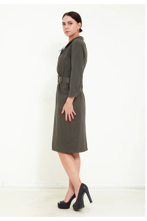 Modatalika Kadın Midi Boy Truvakar Kol Kemerli Broş Aksesuarlı Şık Elbise