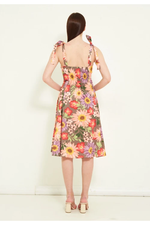 Modatalika Kadın Omuzdan Askılı Çiçek Desenli Midi Boy Elbise