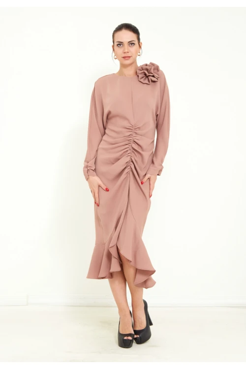 Modatalika Kadın Önden Büzgülü Uzun Kol  Midi Elbise