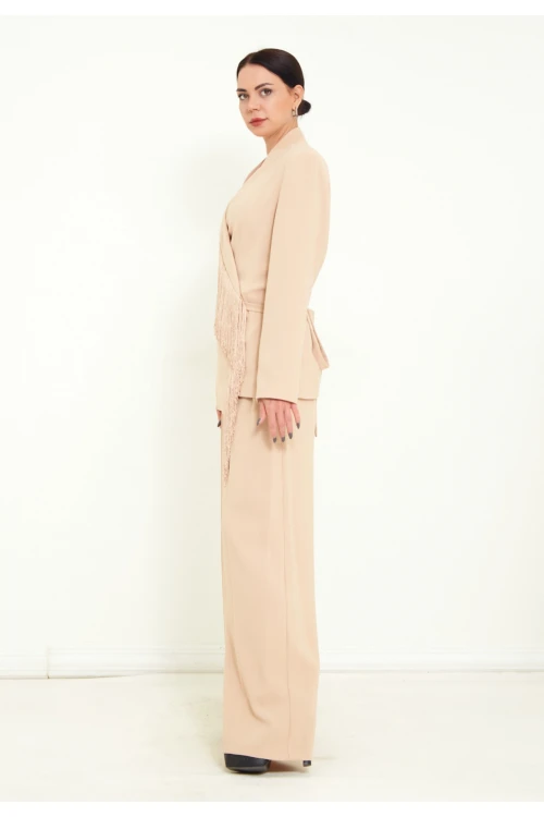 Modatalika Kadın Pantolon Uzun Kollu Ceket Püskül Detaylı Şık İkili Takım