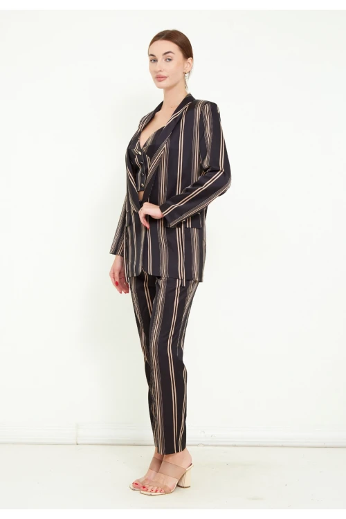 Modatalika Kadın Saten Kumaş Dijital Çizgi Baskılı Üçlü Takım