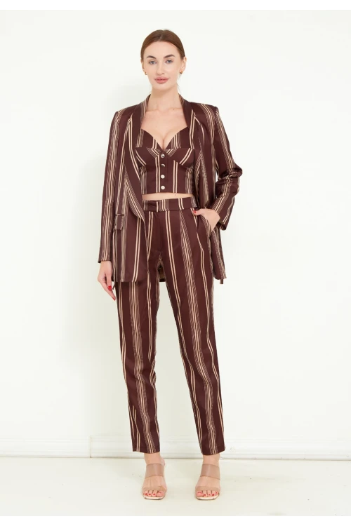 Modatalika Kadın Saten Kumaş Dijital Çizgi Baskılı Üçlü Takım