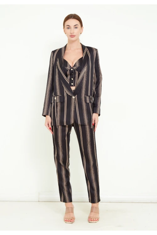 Modatalika Kadın Saten Kumaş Dijital Çizgi Baskılı Üçlü Takım