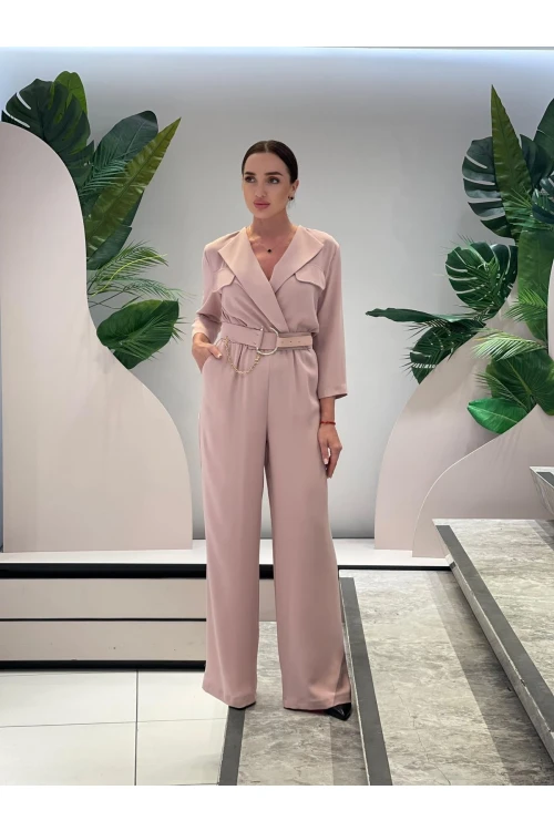 Modatalika Kadın Uzun Kollu Cep Kapak Detaylı Zincir Kemerli Şık Tulum