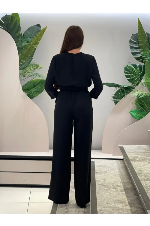 Modatalika Kadın Uzun Kollu Cep Kapak Detaylı Zincir Kemerli Şık Tulum