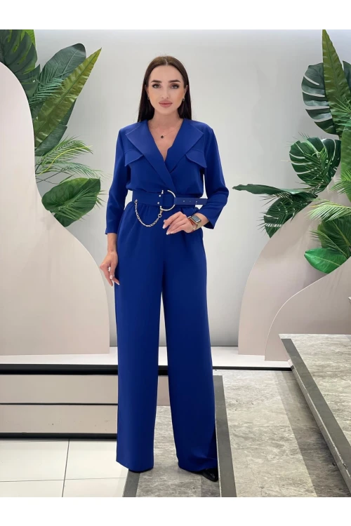 Modatalika Kadın Uzun Kollu Cep Kapak Detaylı Zincir Kemerli Şık Tulum