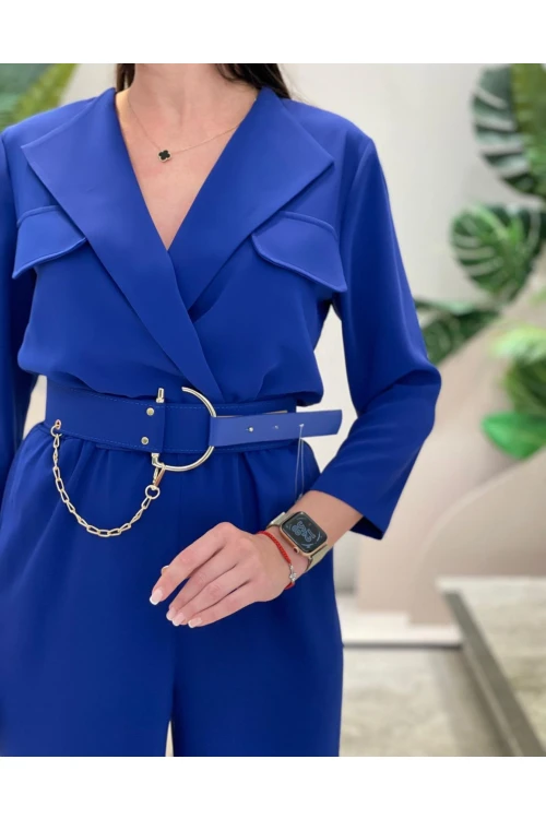 Modatalika Kadın Uzun Kollu Cep Kapak Detaylı Zincir Kemerli Şık Tulum