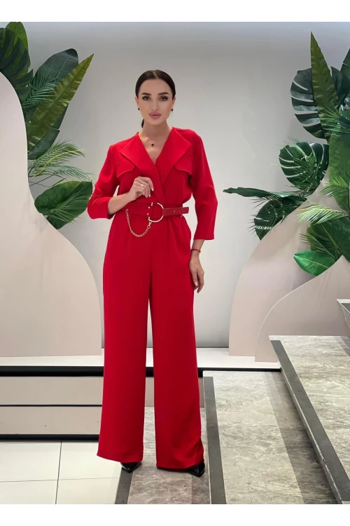 Modatalika Kadın Uzun Kollu Cep Kapak Detaylı Zincir Kemerli Şık Tulum