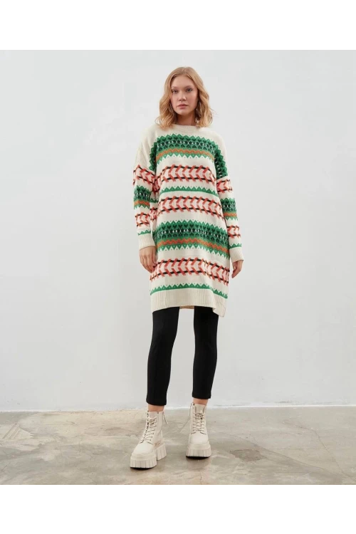 Modatalika Kadın Uzun Kollu Düz ve Desen Kombinli Oversize Triko Tunik