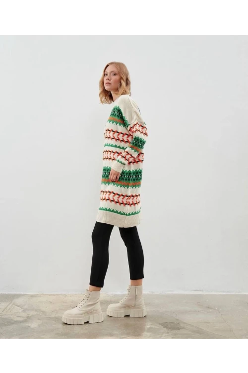 Modatalika Kadın Uzun Kollu Düz ve Desen Kombinli Oversize Triko Tunik