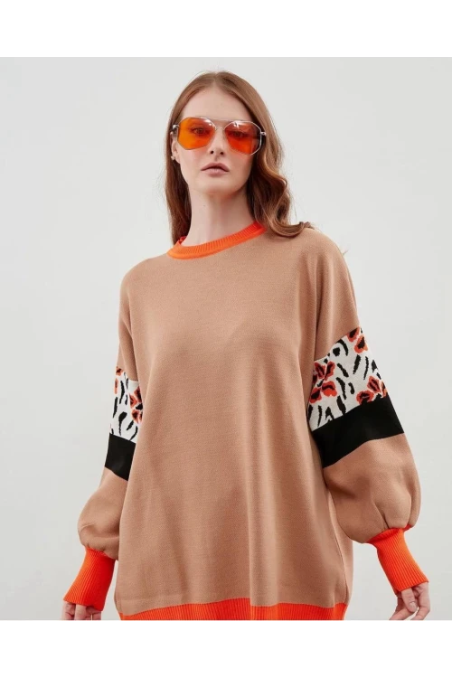Modatalika Kadın Uzun Kollu Düz ve Kolları Desen Kombinli Oversize Triko Tunik