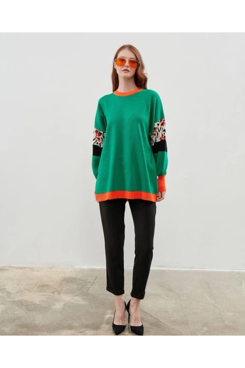 Modatalika Kadın Uzun Kollu Düz ve Kolları Desen Kombinli Oversize Triko Tunik