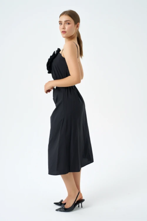 Trend Kadınl Yeni Sezon Pamuk Kumaş Midi Boy Gül Ve Kemer Detaylı Askılı Elbise