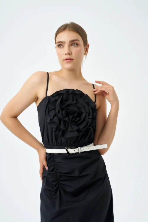 Trend Kadınl Yeni Sezon Pamuk Kumaş Midi Boy Gül Ve Kemer Detaylı Askılı Elbise