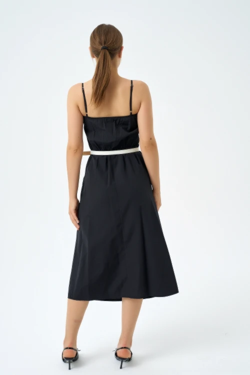 Trend Kadınl Yeni Sezon Pamuk Kumaş Midi Boy Gül Ve Kemer Detaylı Askılı Elbise