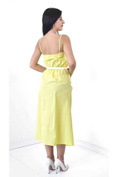 Trend Kadınl Yeni Sezon Pamuk Kumaş Midi Boy Gül Ve Kemer Detaylı Askılı Elbise