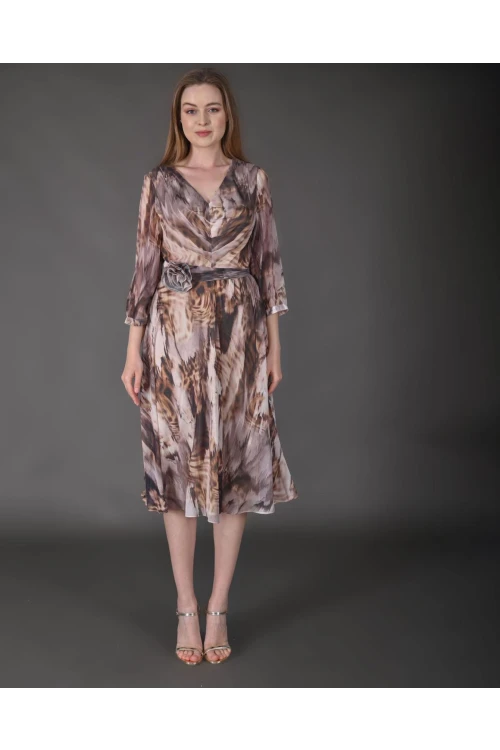Modatalika Kadın Midi Boy Şifon Desenli Truvakar Kol Yeni Sezon Elbise
