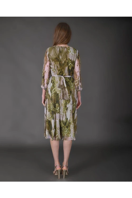 Modatalika Kadın Midi Boy Şifon Desenli Truvakar Kol Yeni Sezon Elbise