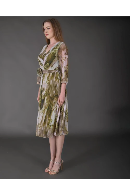 Modatalika Kadın Midi Boy Şifon Desenli Truvakar Kol Yeni Sezon Elbise