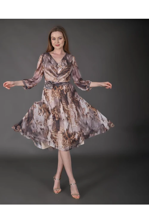 Modatalika Kadın Midi Boy Şifon Desenli Truvakar Kol Yeni Sezon Elbise