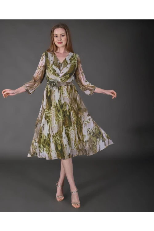 Modatalika Kadın Midi Boy Şifon Desenli Truvakar Kol Yeni Sezon Elbise