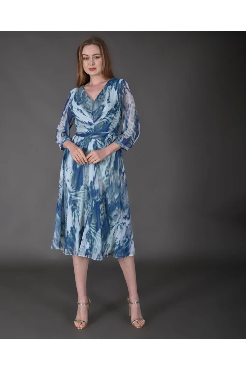 Modatalika Kadın Midi Boy Şifon Desenli Truvakar Kol Yeni Sezon Elbise