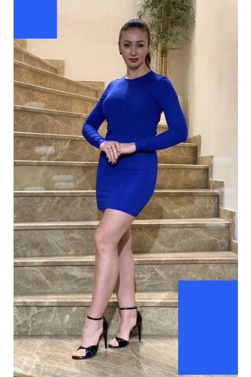 Modatalika Kadın Boncuk İşlemeli Uzun Kol Sırt Dekolteli Mini Elbise