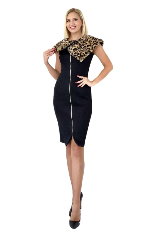 Modatalika Kadın Boydan Fermuarlı Leopar Yakalı Dantel Elbise