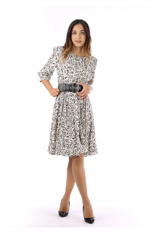 Modatalika Kadın Dokuma Kumaş Dijital Baskı Kemer Aksesuar Detaylı Midi Elbise