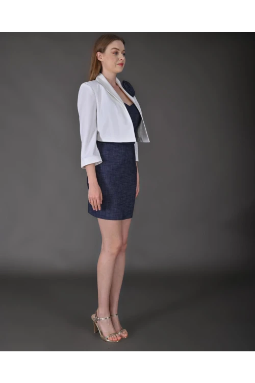 Modatalika Kadın Gül  Aksesuar Detaylı Blazer Ceket Ve Mini Denim Elbise