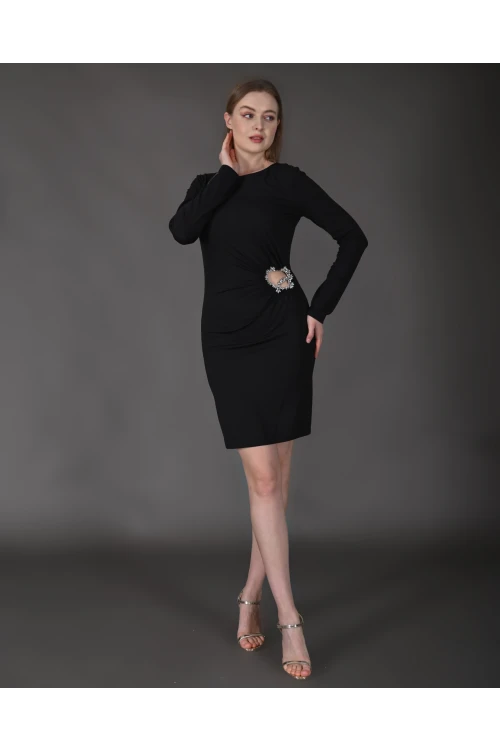 Modatalika Kadın Mini Taş Detaylı Uzun Kol Şık Mini Elbise