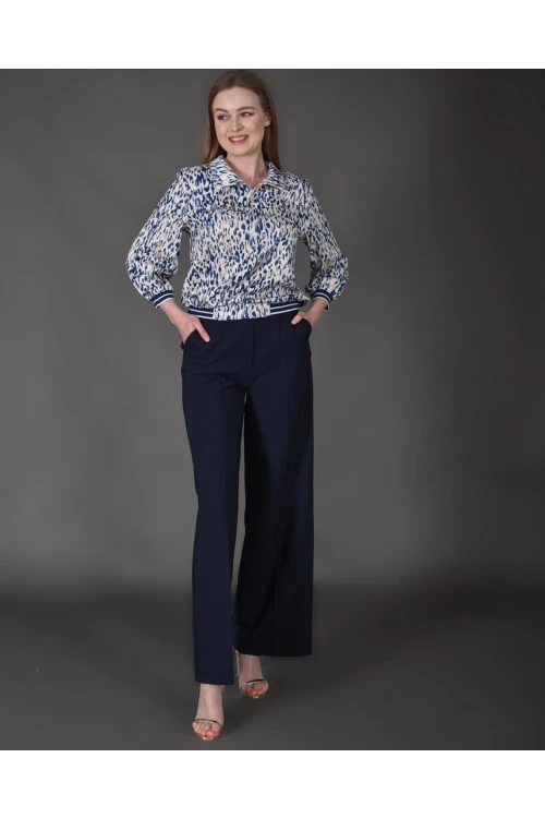 Modatalika Kadın Özel Tasarım Takım Gömlek Yaka Fermuar Detaylı Pantolon Bluz Ribanalı Desenli
